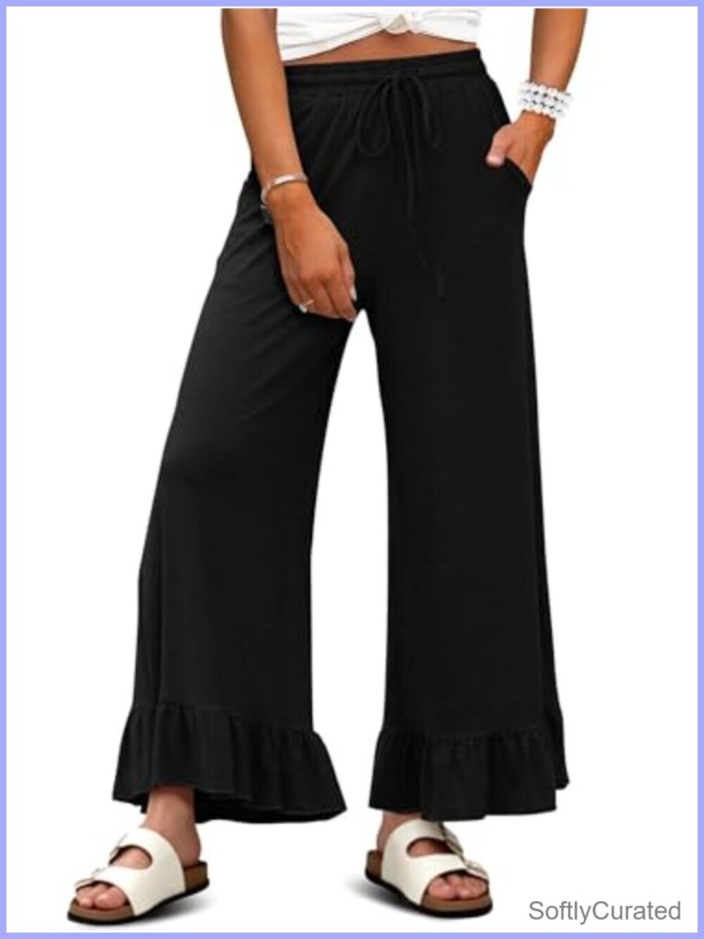 KISSMODA Womens Palazzo Lounge Pants Drawstring High Waisted Wide Leg Ruffle Hem